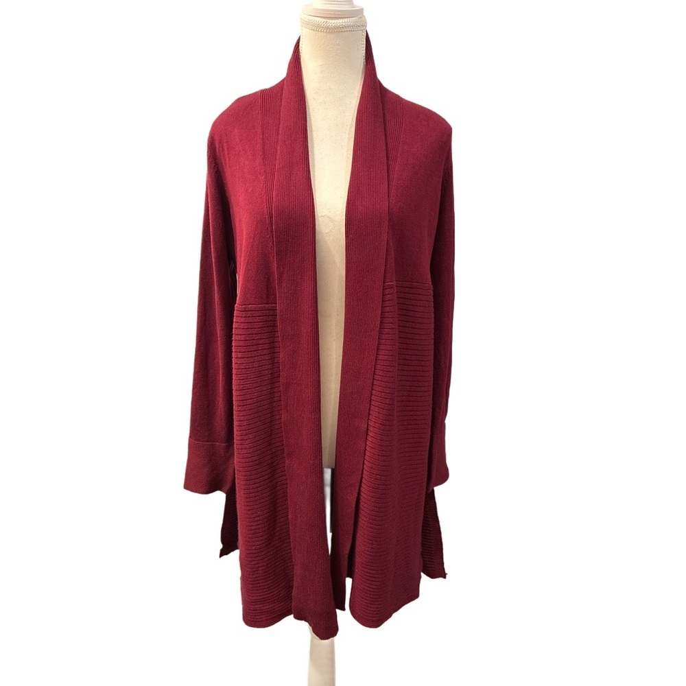 89th + Madison Red Burgundy Open Front Long Duster Cardigan Size Small - Picture 2 of 6